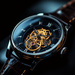 Fototapeta premium Elegant Watch With Mechanical Gears on Leather Strap