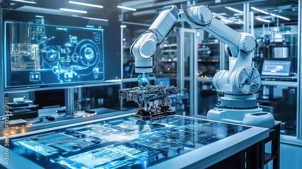Poster a futuristic robotic arm carefully assembles intricate machinery in a high-tech, automated factory s