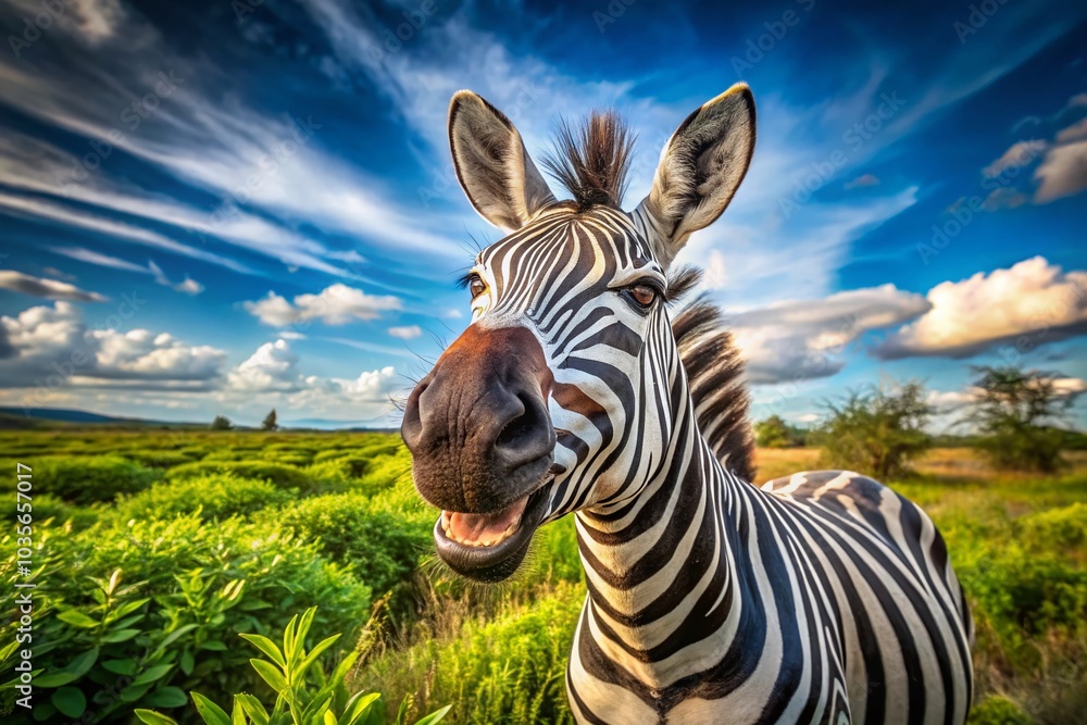 Poster charming zebra smile with gleaming teeth in high dynamic range photography