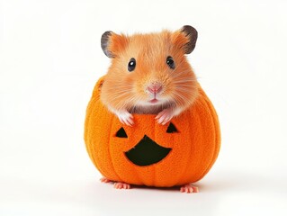 Cute Hamster Dressed as a Halloween Pumpkin on a White Background