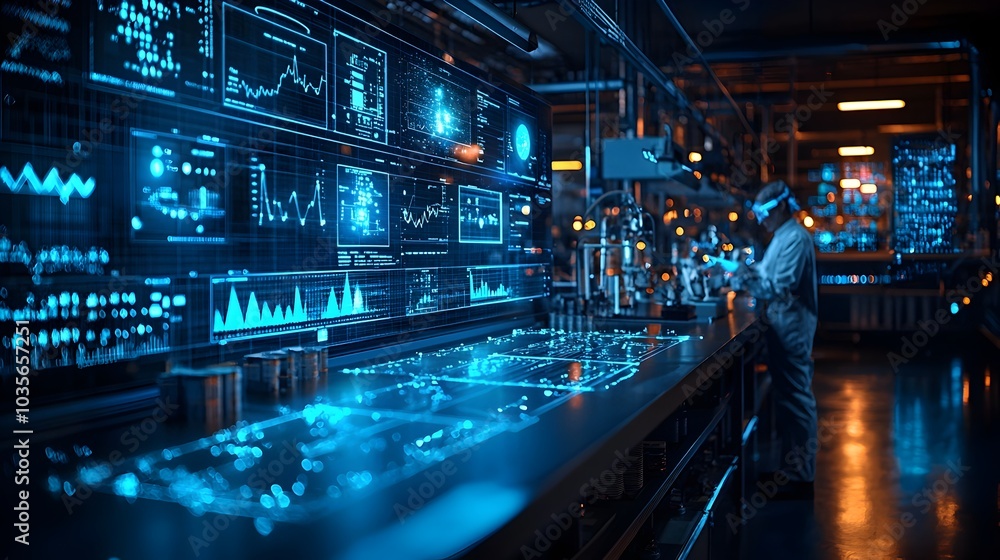 Poster cutting edge laboratory with scientists analyzing holographic data projections in a clean futuristic