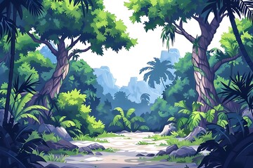 Lush Jungle Pathway Surrounded by Vibrant Greenery and Tropical Flora