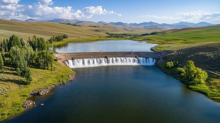 Dam Overlooking Serene Reservoir in a Mountainous Landscape