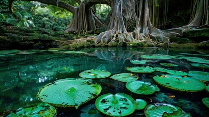 Giant Water Lilies In A Tranquil Rainforest Pond