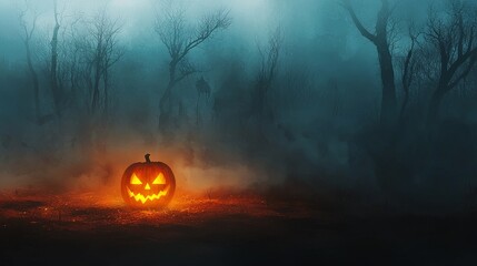 Fiercely Glowing Jack o  Lantern in a Haunting Autumnal Forest