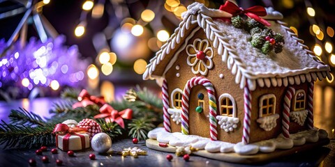 Fototapeta premium Christmas Floral Ribbon with Gingerbread House - Festive Holiday Decor Photography