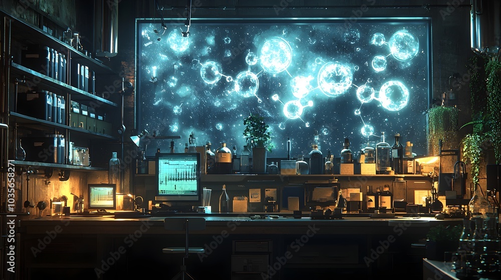 Poster futuristic science laboratory interior with holographic molecular models floating above a clean mini