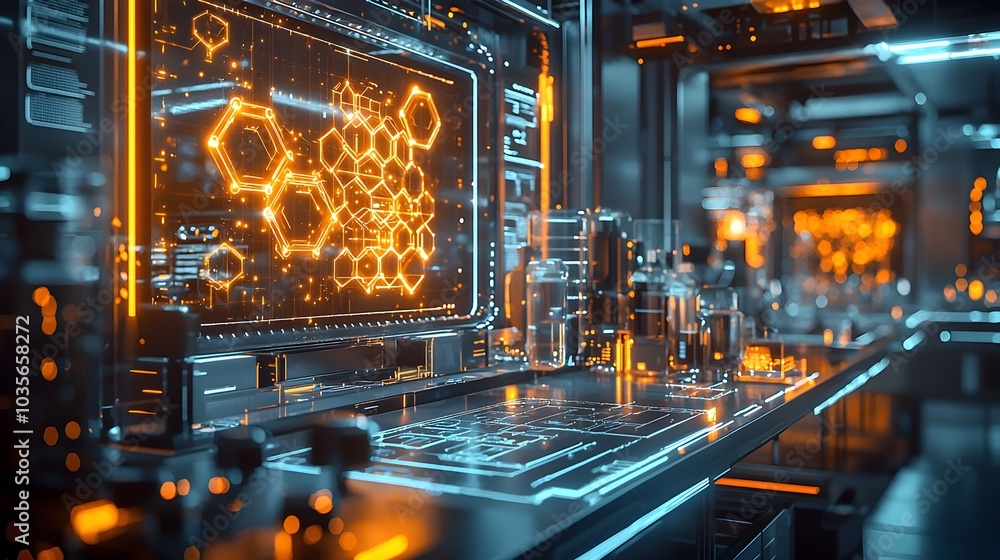 Poster futuristic science laboratory interior with holographic molecular models floating above a minimalist