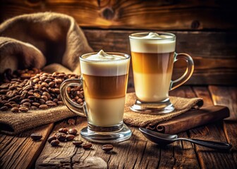 Vintage Style Latte Macchiato on Wooden Background - Coffee Photography