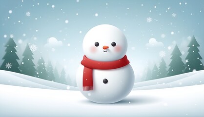 Obraz premium A cute minimalist cartoon snowman stands in a snowy winter wonderland.