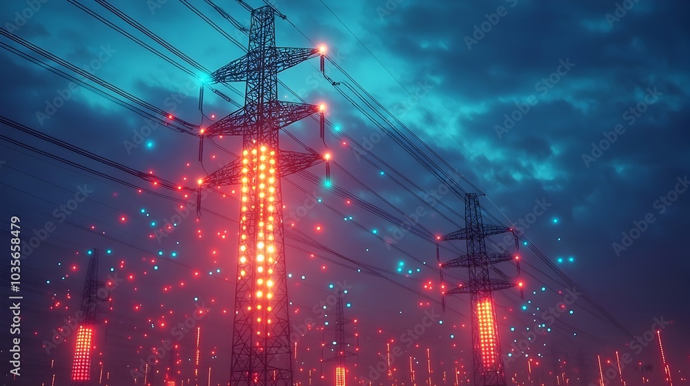 Poster futuristic power pole with holographic indicators displaying real time energy consumption data in a 