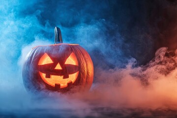 Glowing Jack o  Lantern Surrounded by Eerie Smoke and Fog on Halloween Night