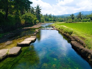 Fototapeta premium A serene river flows through lush greenery, with stepping stones crossing calmly, bordered by vibrant rice fields under a bright sky.