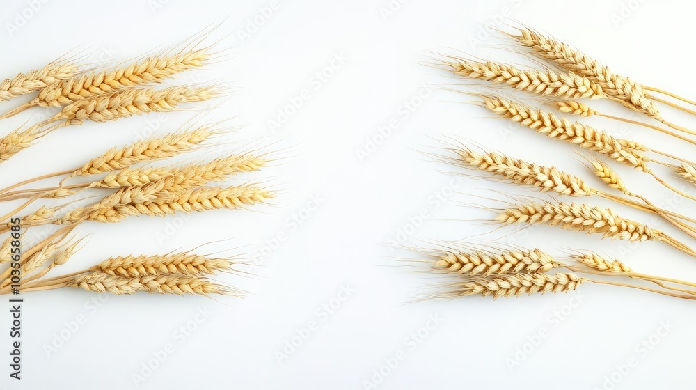 Poster golden wheat ears arranged on a white background for a rustic touch generative ai