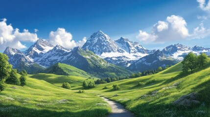 Fototapeta premium A stunning landscape featuring majestic mountains, lush greenery, and a serene path, inviting exploration under a clear blue sky.