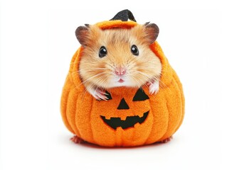 Hamster Wearing Pumpkin Costume Sitting on White Background