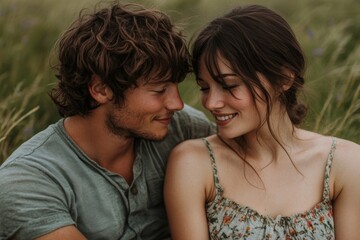 Fototapeta premium Affectionate young couple sitting on rural grass, Generative AI