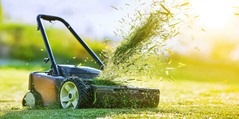 Lawn mower cutting grass. Close-up of grass pieces flying apart, sunny day, copy space