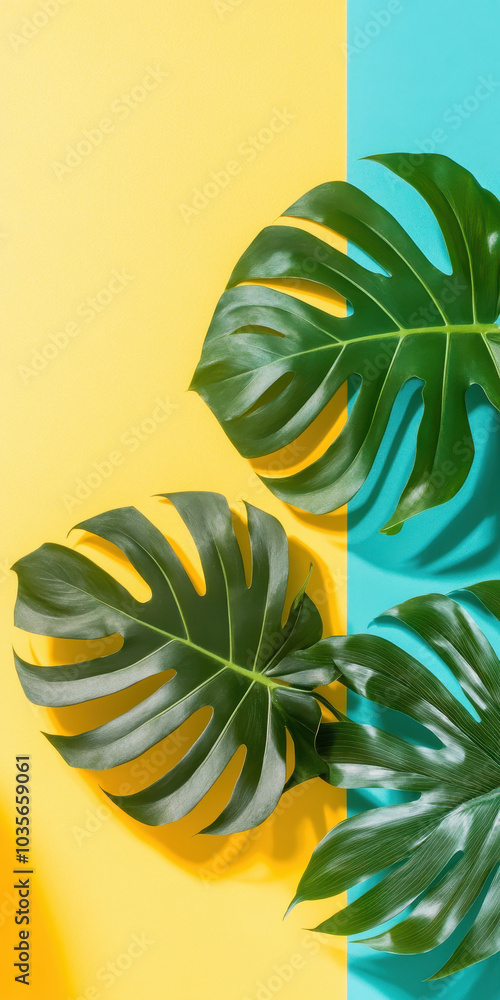 Wall mural Monstera leaves on vibrant yellow and blue background for tropical decor