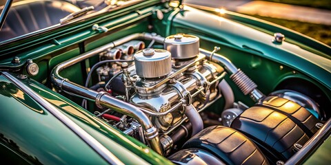 Fototapeta premium Classic Austin Healey Sprite Engine Close-Up with High Depth of Field