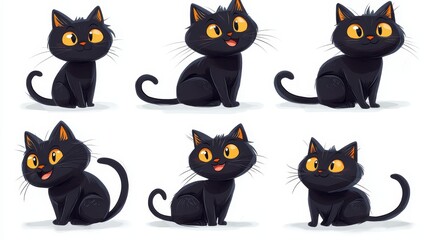 Playful Flat Colored Image of Curious Black Cats with Bright Glowing Eyes