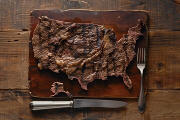 Grilled meat shaped like a country's map sits on a wooden cutting board. Concept merges geography with culinary art. For creative food presentations