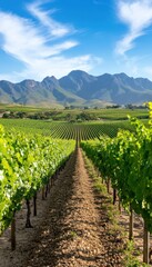 A picturesque vineyard with lush green vines stretching towards majestic mountains under a clear blue sky.