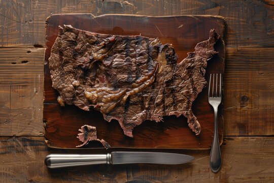 Grilled meat shaped like a country's map sits on a wooden cutting board. Concept merges geography with culinary art. For creative food presentations