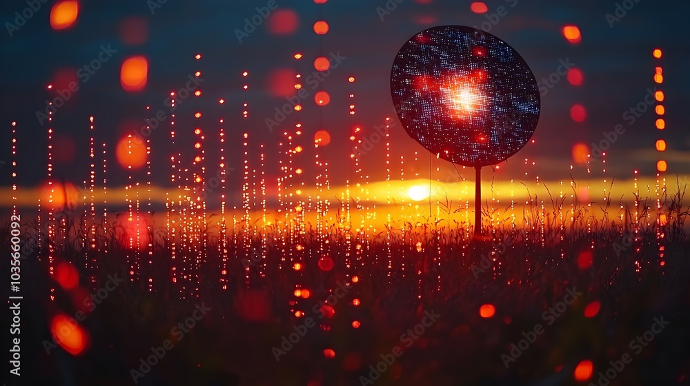 Poster satellite dish projecting holographic map of global communications network on rooftop with ample cop