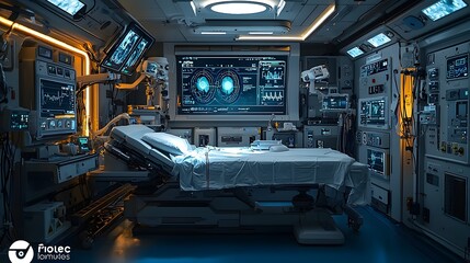 Futuristic veterinary hospital surgery room with a holographic display of vital signs hovering above the surgical table The modern