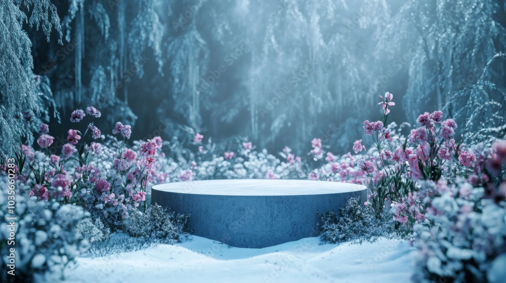 Aufkleber A circular concrete platform sits in the middle of a snowy forest. The forest is full of tall, snow-covered trees and pink flowers. The snow is pristine white, and the light is soft and ethereal.