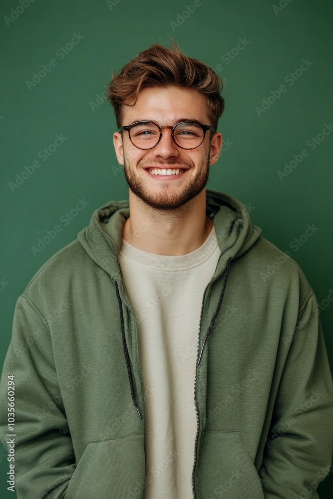 Wall mural Confident young man with stylish glasses, smiling in casual attire on green background, Generative AI