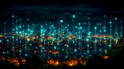 A futuristic city skyline with a large satellite dish mounted on the roof of a skyscraper projecting holographic information into the clear sky above