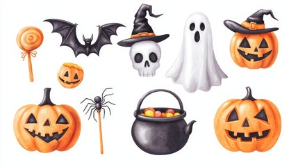 Fototapeta premium Spooky Halloween Decor and Objects in Watercolor Style