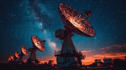 A futuristic satellite communication hub featuring holographic data streams flowing between satellite dishes  The image showcases a clean