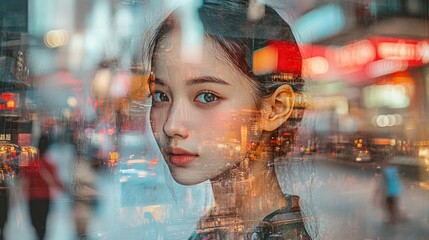 A woman's face is superimposed over a bustling city street, creating a sense of urban anonymity and connection.