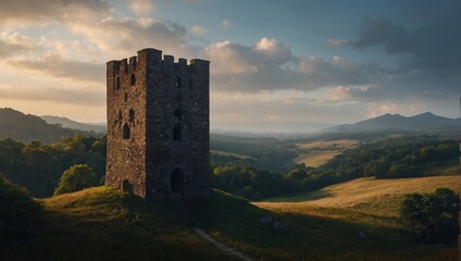 An archer tower surrounded by blooming flowers