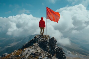 Obraz premium Triumph at the Summit: A Hiker with a Red Flag on a Mountain Peak