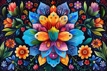 Vibrant Floral Pattern in Digital Art With Bold Colors,A vivid and intricate digital artwork featuring colorful flowers and leaves against a dark backdrop. The design exudes playfulness and artistic 