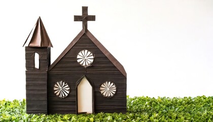 paper origami concept of an old church building or house from the 19th century or older.  used for worship services and other religious activities. Isolated on white background with copy space