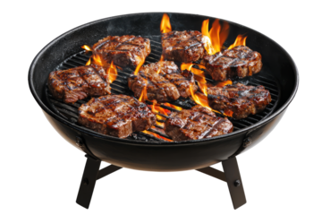A grill filled with sizzling steaks and vibrant flames, set against a white background.