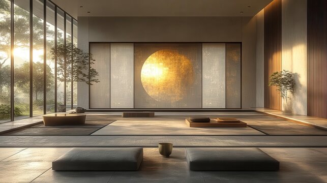 contemporary artistic rendering of a japanese ukiyoe folding screen displaying abstract patterns in white black and gold radiating elegance and calmness