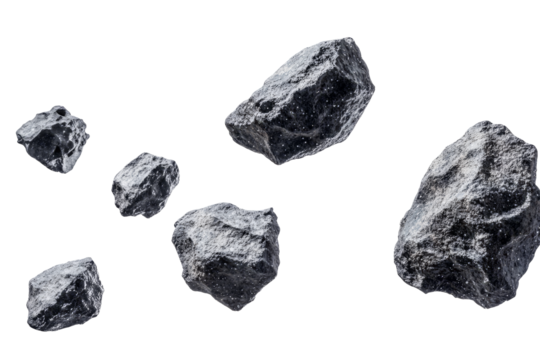 Group of asteroids, space objects on white canvas.