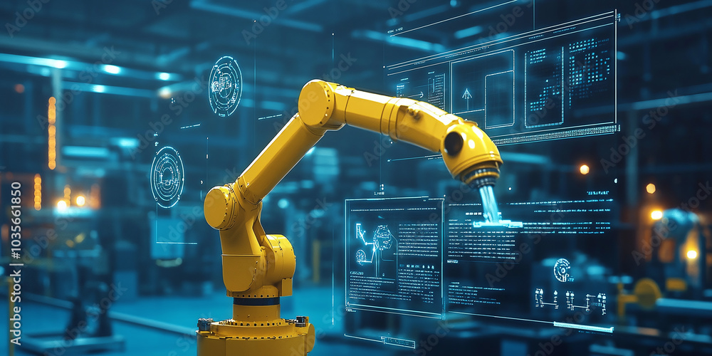 Poster a bright yellow industrial robotic arm is actively performing precision tasks in an advanced manufac