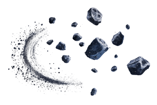 Group of asteroids, space objects on white canvas.