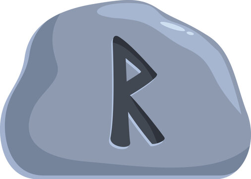 Cartoon illustration of a grey stone showing the raido rune, the symbol of journey, in black