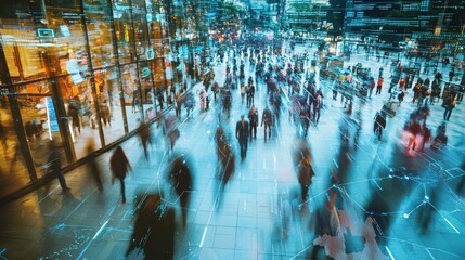 A crowded smart city plaza with biometric security systems in place, being hacked by invisible attackers. Data streams flow into their devices as people pass by unaware.