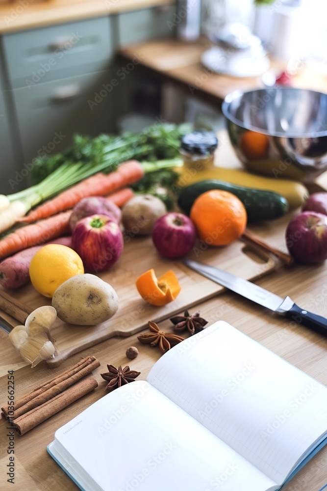 Poster An assortment of cooking ingredients and utensils on a wooden table, including vegetables, fruits, spices, and a notebook