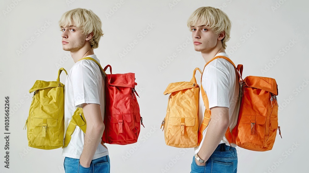 Poster stylish young men with colorful backpacks posing in a studio generative ai