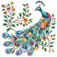 Elegant Peacock Illustration With Vibrant Feathers and Floral Branches,A stunning illustration of a peacock with vibrant tail feathers, perched on a floral branch. Perfect for depicting elegance